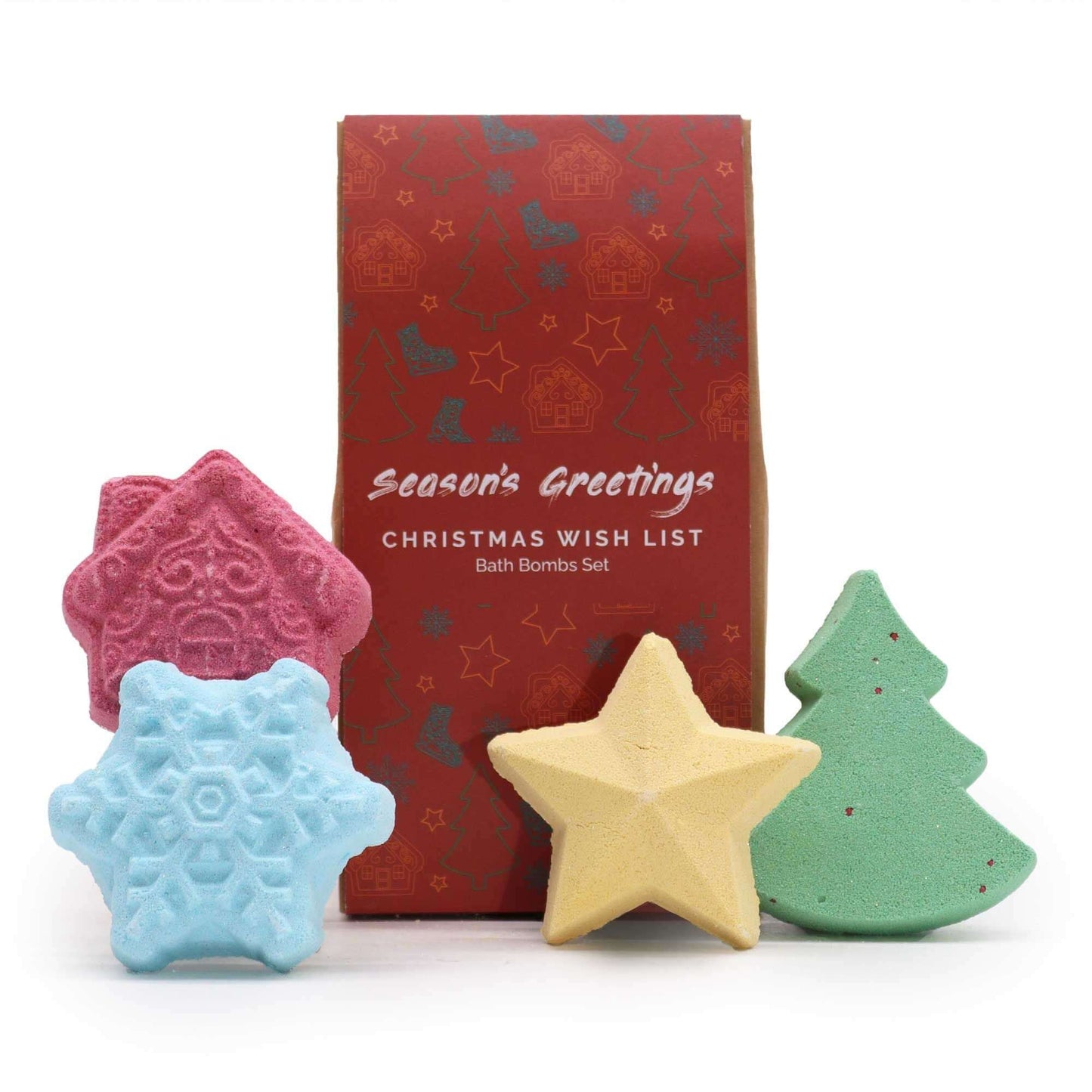 Four bath bombs shaped like a star, snowflake, and Christmas tree in front of a 'Season's Greetings' box.