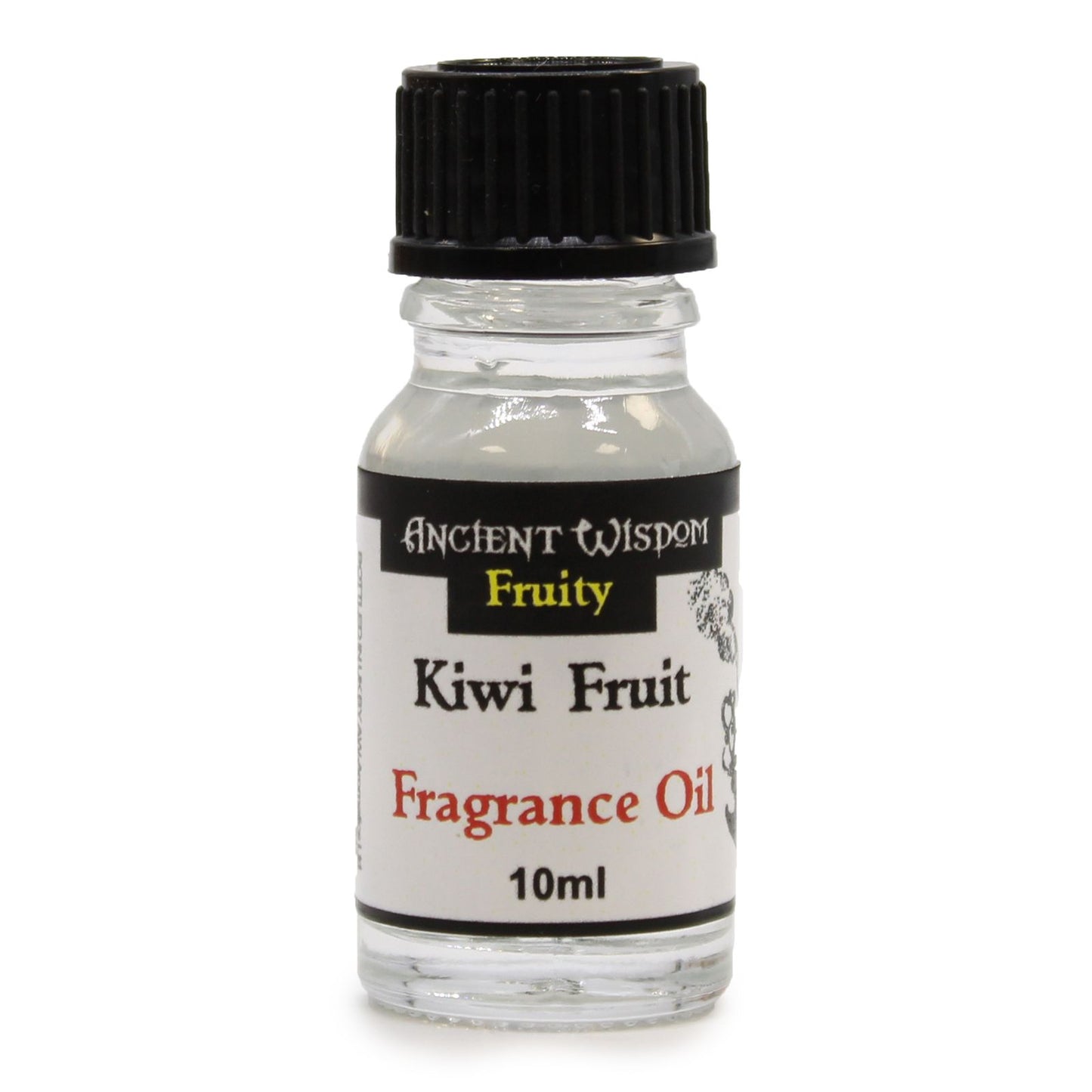 Bottle of kiwi fruit fragrance oil with a black cap on a white background