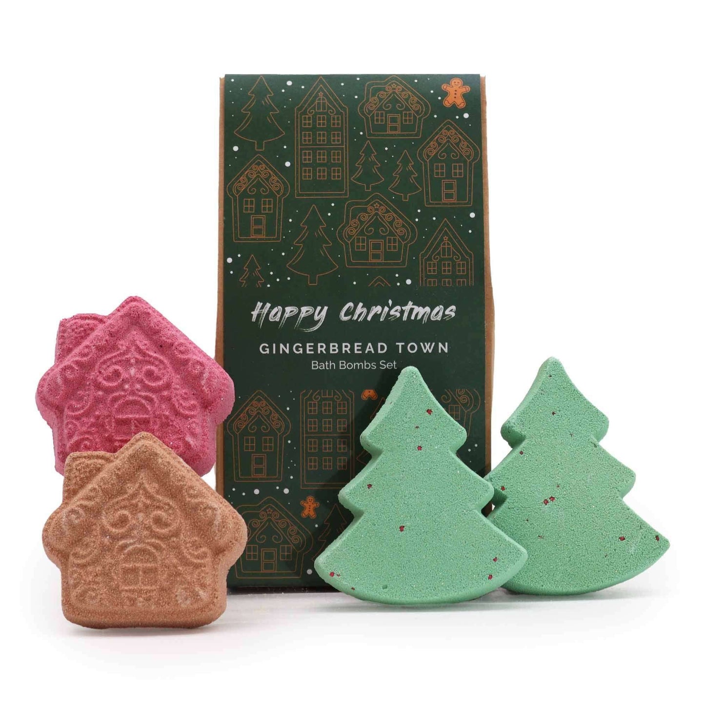 Gingerbread-themed bath bombs with a decorative box on a white background