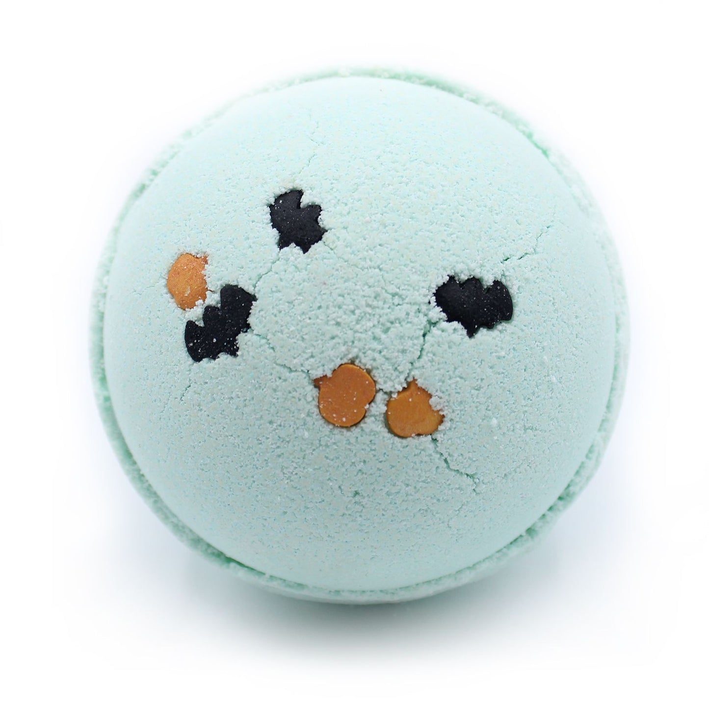 Light blue bath bomb with black and orange accents on a white background