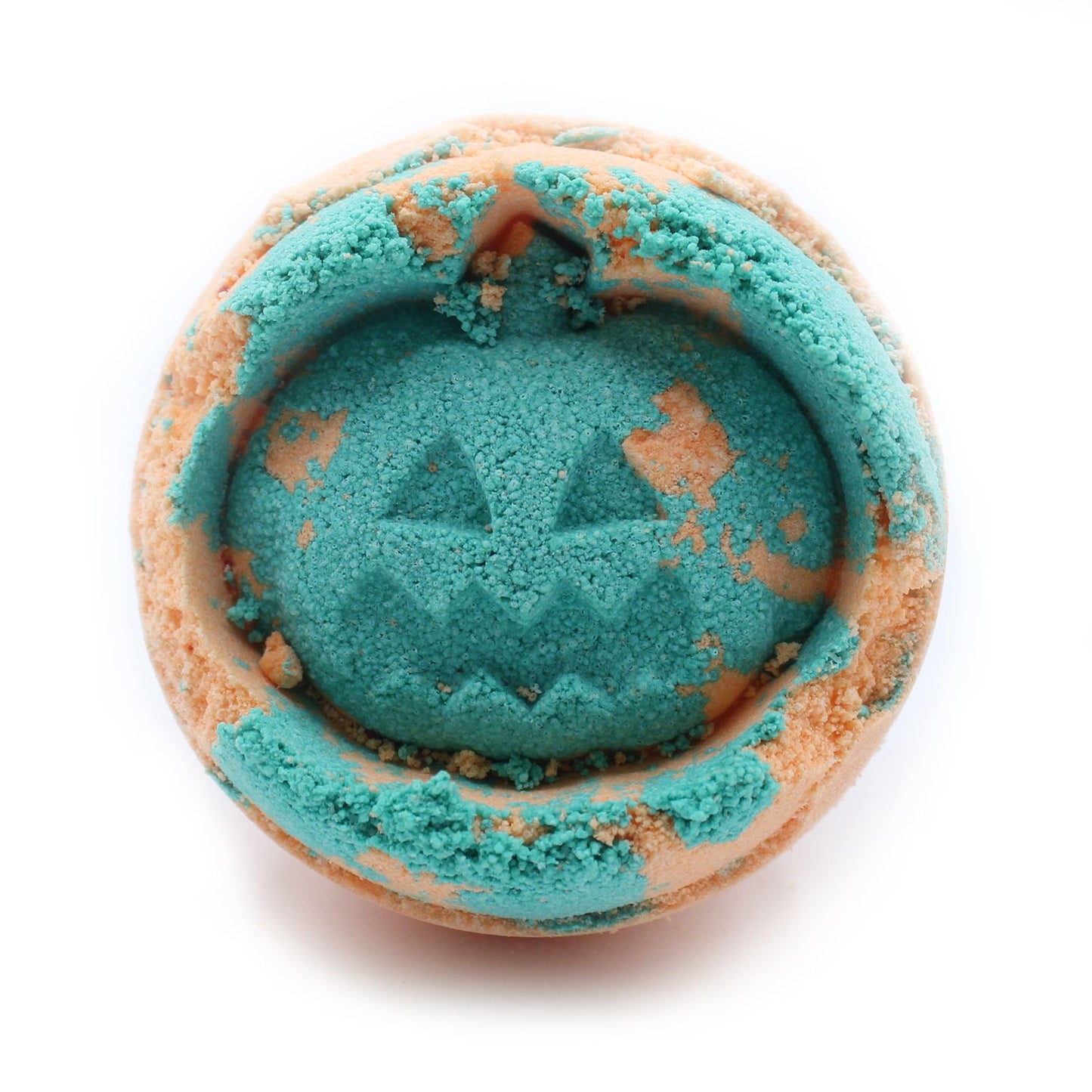 Bath bomb with turquoise center and beige rim on a white background