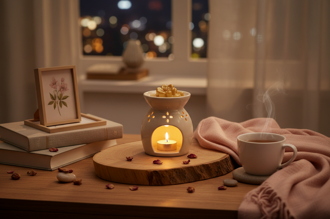 Natural vegan wax melts in oil burner creating a relaxing evening atmosphere