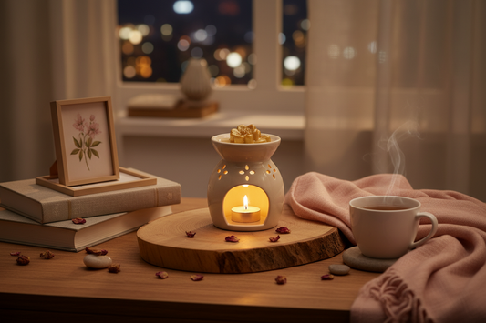 Natural vegan wax melts in oil burner creating a relaxing evening atmosphere