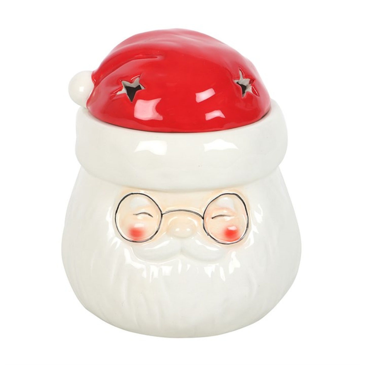 Ceramic jar designed like a Santa Claus face with a red hat on a white background