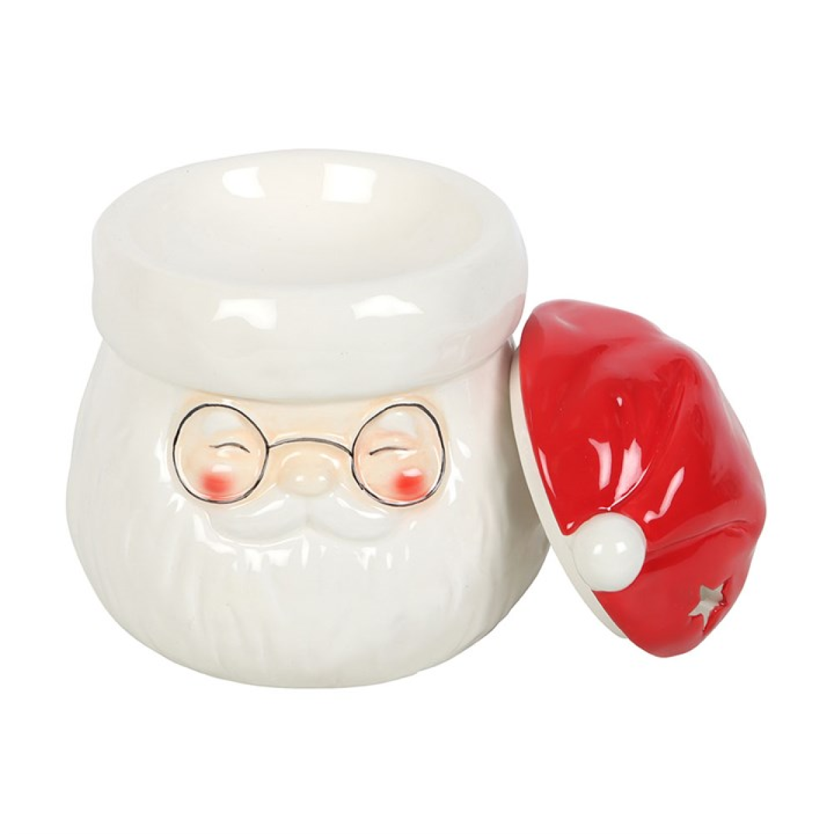 Jar with a face design and a red lid on a white background