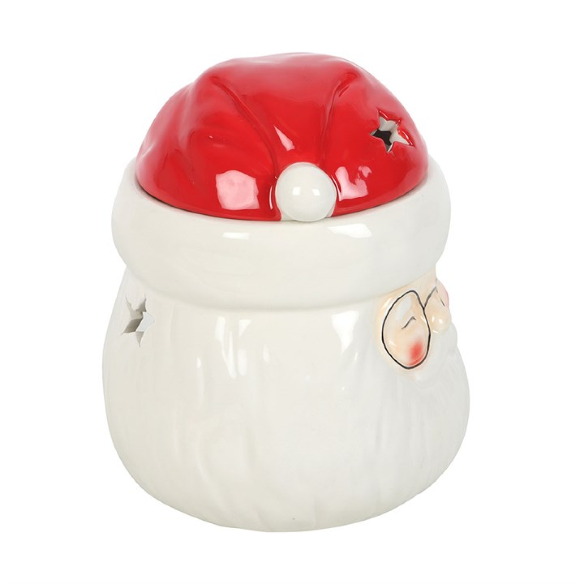 Ceramic jar with a red lid and face design on a white background