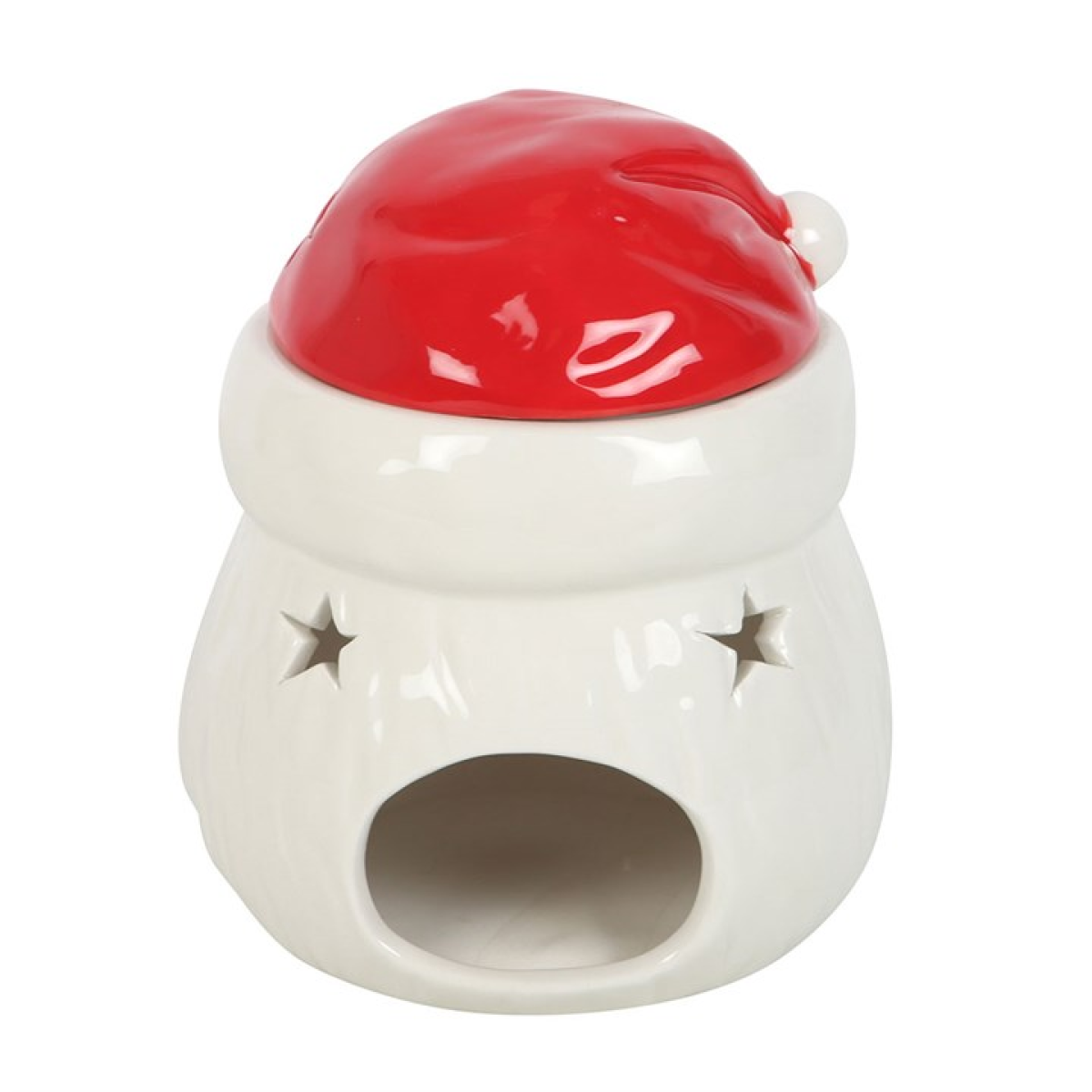 Ceramic wax warmer with a red lid on a white background