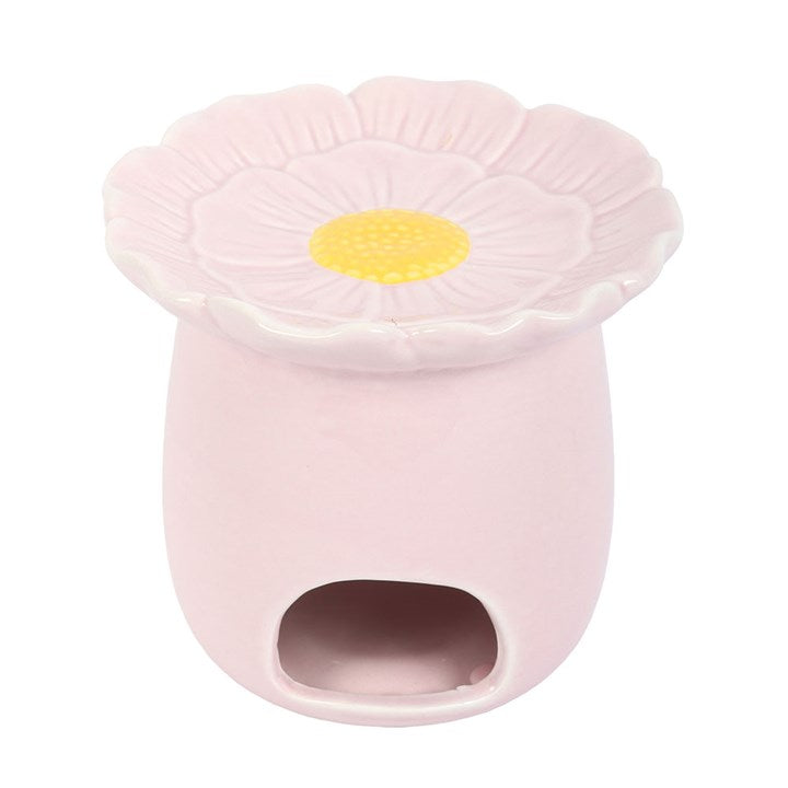 Pink flower-shaped container with a yellow center on a white background