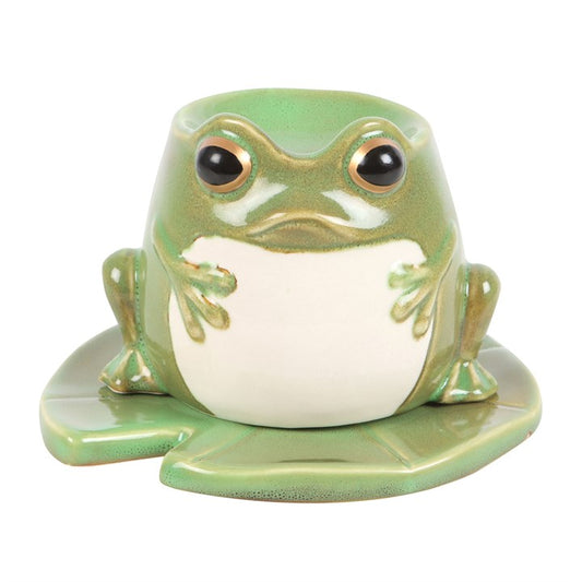 Ceramic frog-shaped container on a white background