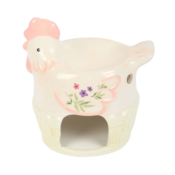 Ceramic chicken-shaped with floral designs on a white background