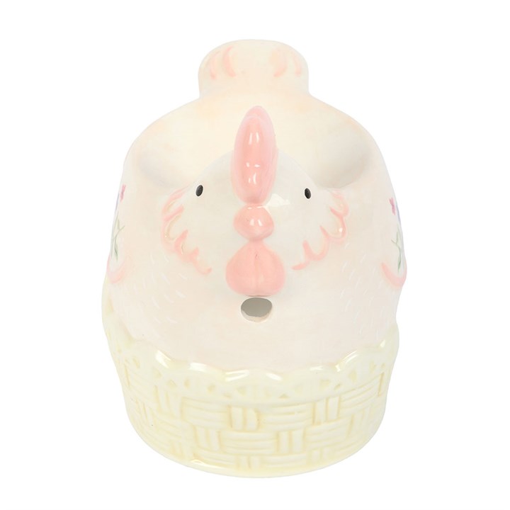 Ceramic chicken-shaped container with a pink comb on a white background