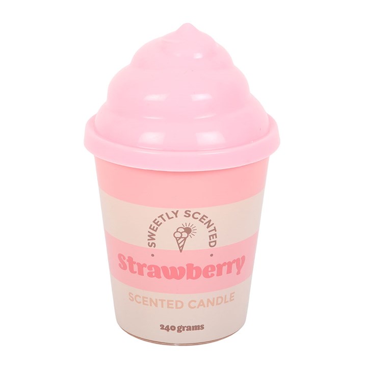 Pink and beige scented candle shaped like a strawberry ice cream cone on a white background