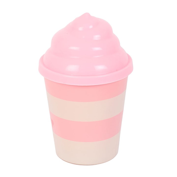 Pink and beige striped cup with a lid on a white background