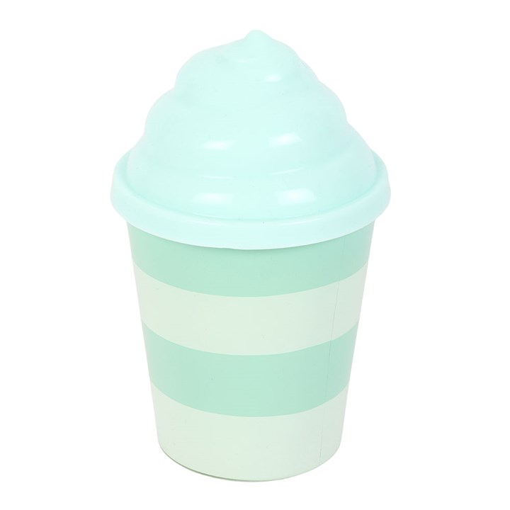 Mint green cup with striped design on a white background