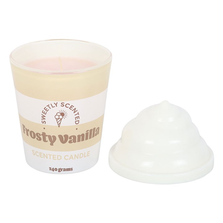 Frosty Vanilla scented candle with packaging on a white background