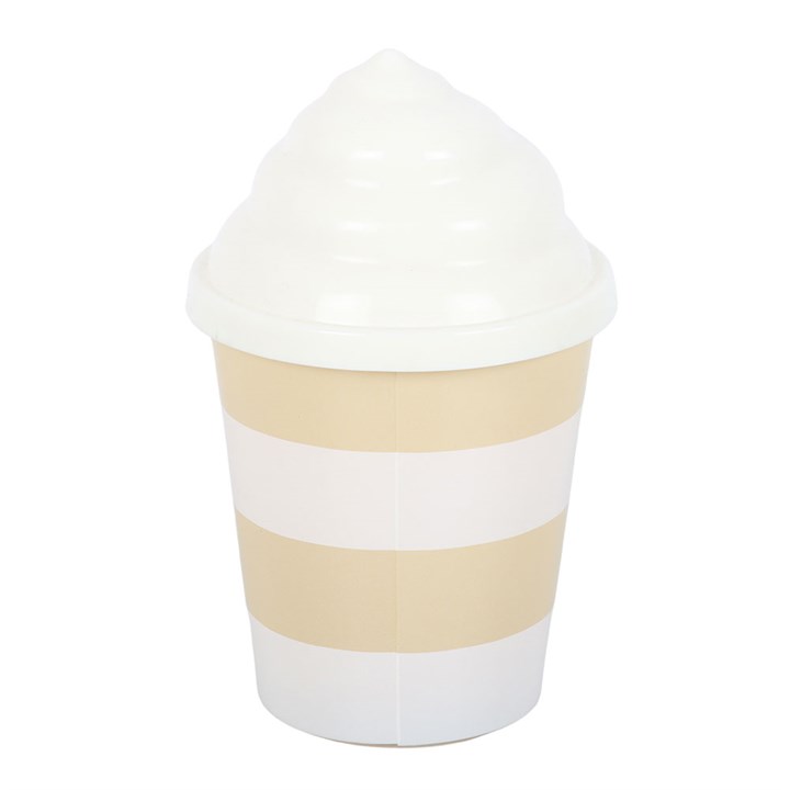 Ice cream cone-shaped cup with beige and white stripes on a white background