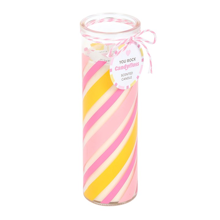 Cylindrical candyfloss-scented candle with pink and yellow swirls on a white background