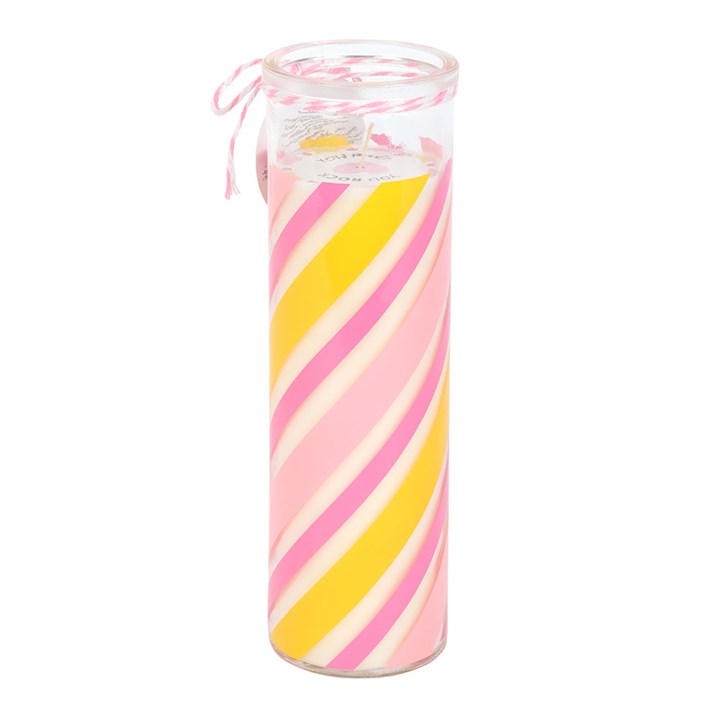 Tall cylindrical container with pink and yellow striped design on a white background