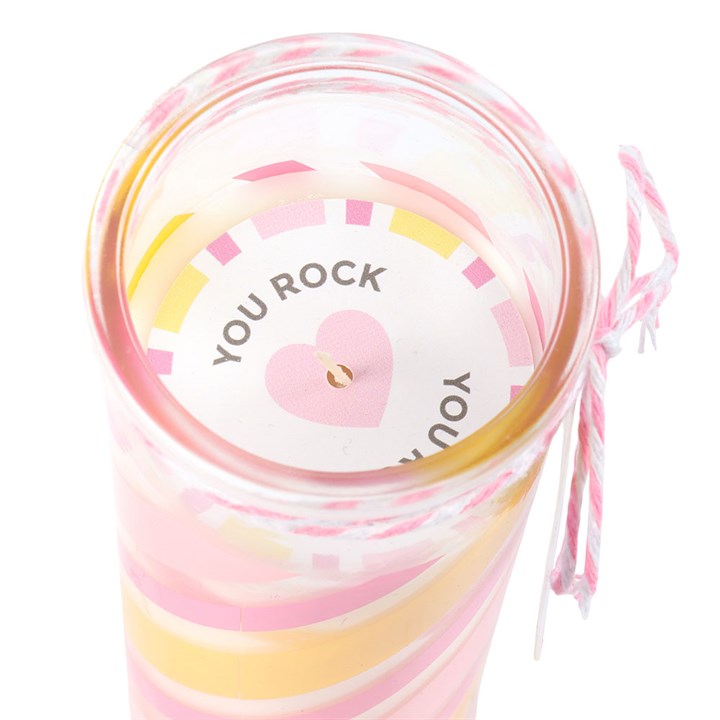 Tumbler with pink and yellow swirl design and 'YOU ROCK' text on a white background