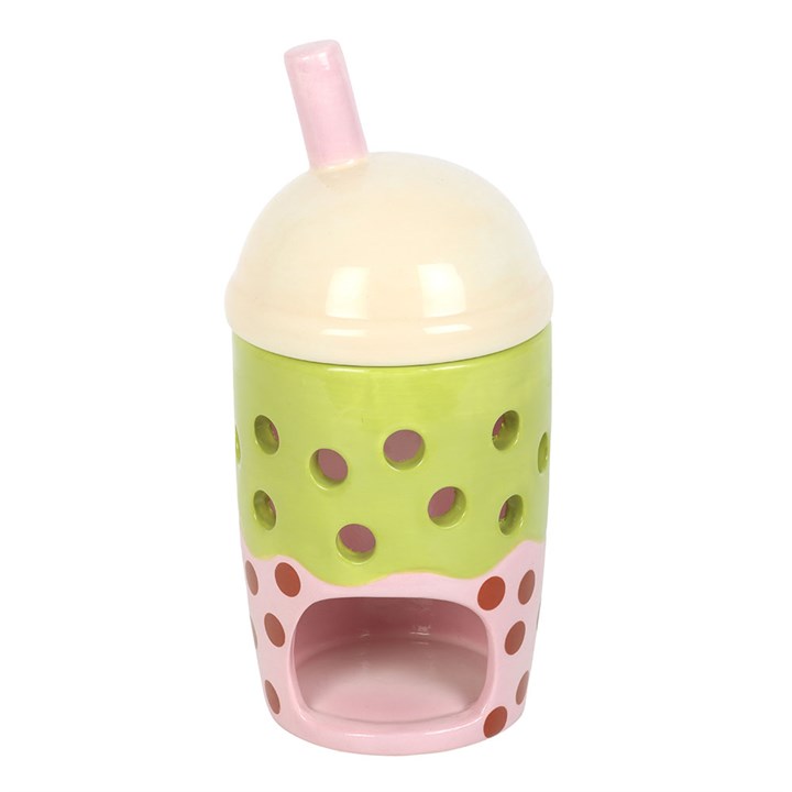 Colorful pet toy shaped like a bubble tea with a straw on a white background