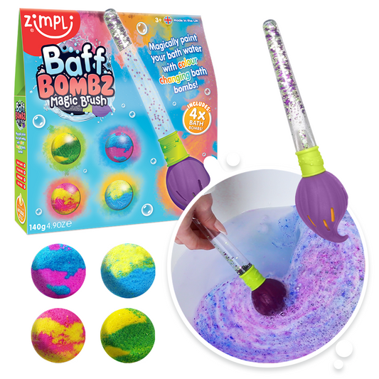 Zimpli Baff Bombz Magic Brush bath toy set with packaging and usage in water.