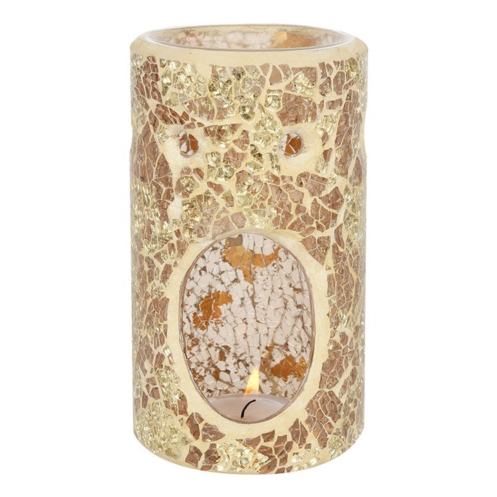 Decorative candle holder with mosaic pattern on a white background