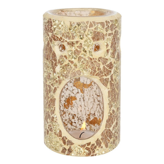 Decorative candle holder with mosaic pattern on a white background