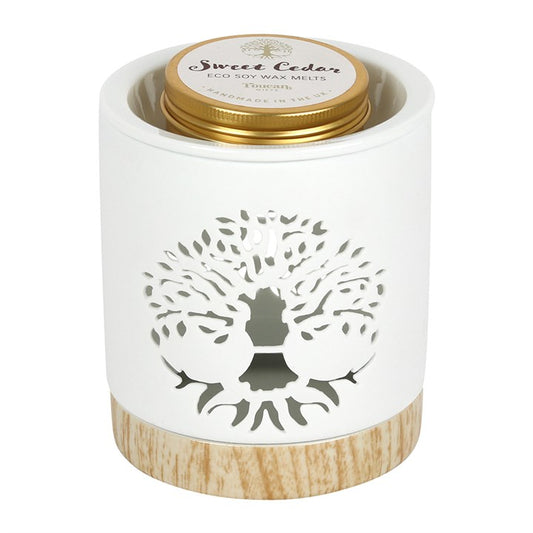 White wax melt burner with decorative design and gold lid on a white background
