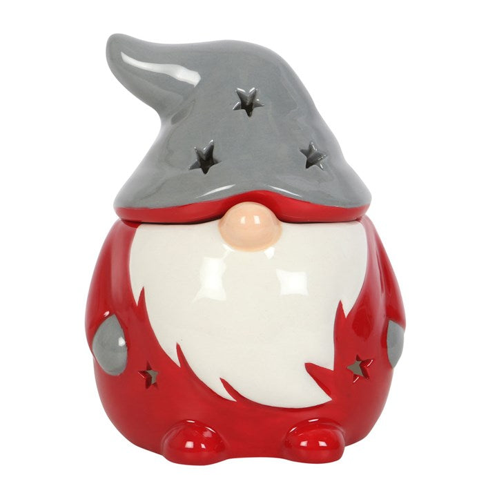 Ceramic gnome figurine with red body, white beard, and gray hat on a white background