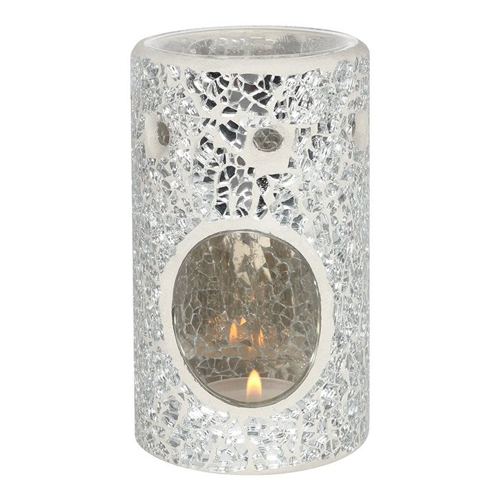 Decorative candle holder with a mosaic pattern on a white background