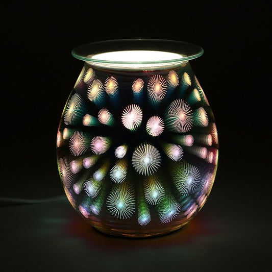 Decorative glass lamp with colorful circular patterns on a black background