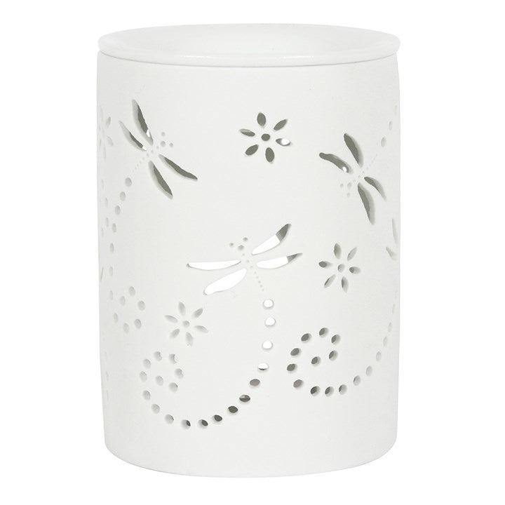 White decorative lantern with floral cutouts on a white background