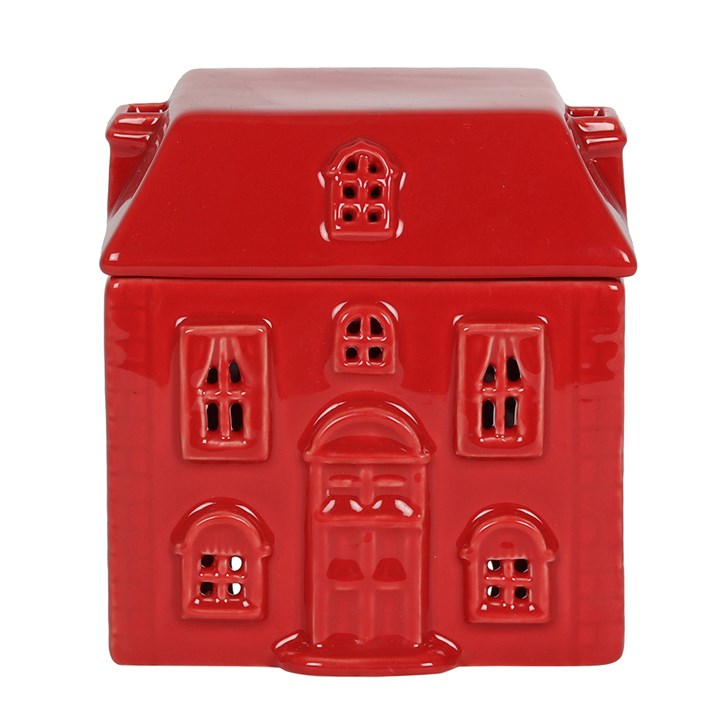 Red ceramic house-shaped container with windows and a door on a white background