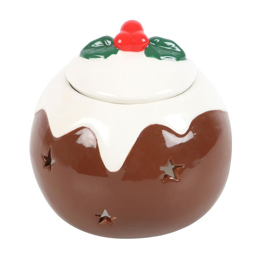 Ceramic Christmas pudding jar with holly on a white background