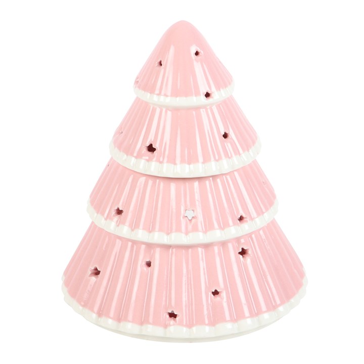 Pink Christmas tree-shaped candle on a white background