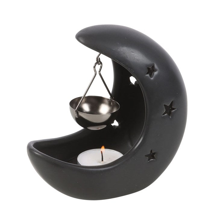 Black Crescent Moon Hanging Ceramic and Gunmetal Oil Burner