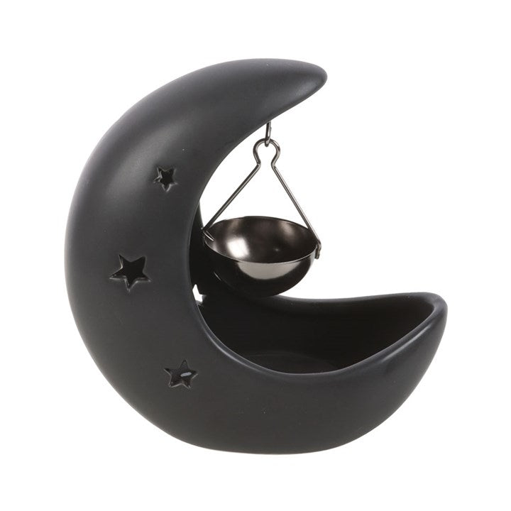 Black Crescent Moon Hanging Ceramic and Gunmetal Oil Burner