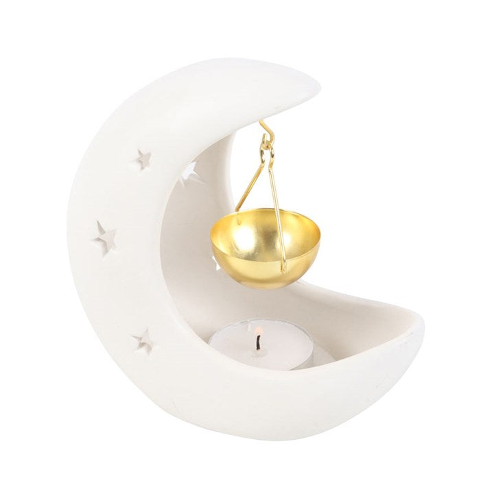 Decorative item with a white crescent moon shape and a gold bowl on a white background