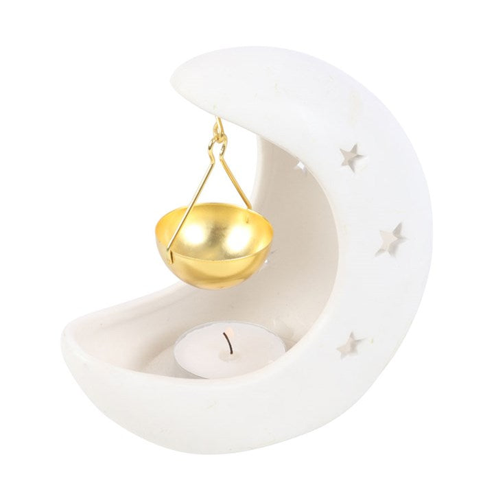 White Crescent Moon Hanging Ceramic Oil Burner with Gold Metal