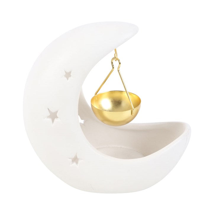 White Crescent Moon Hanging Ceramic Oil Burner with Gold Metal