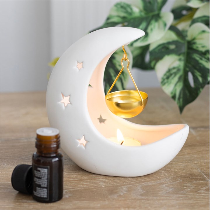White Crescent Moon Hanging Ceramic Oil Burner with Gold Metal