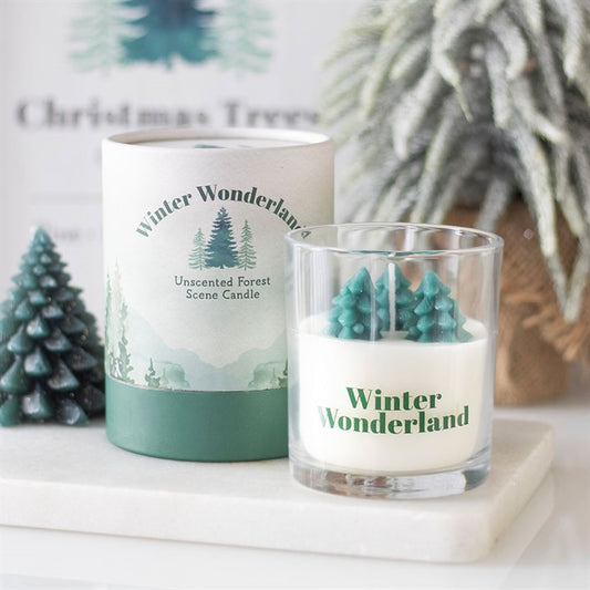 Two candles with 'Winter Wonderland' text and forest design on a white surface.