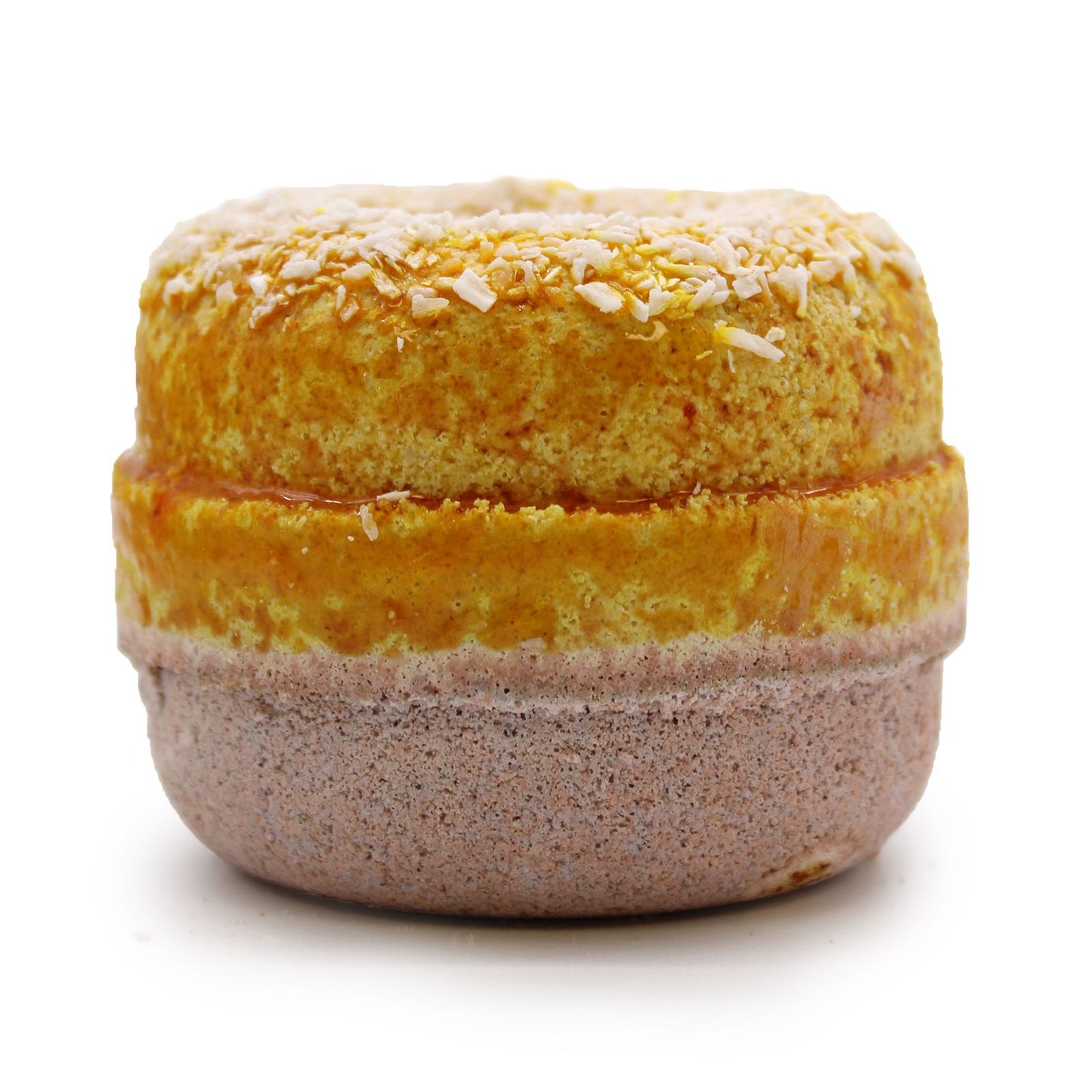 Two layered dessert bath bomb with yellow and brown colors on a white background