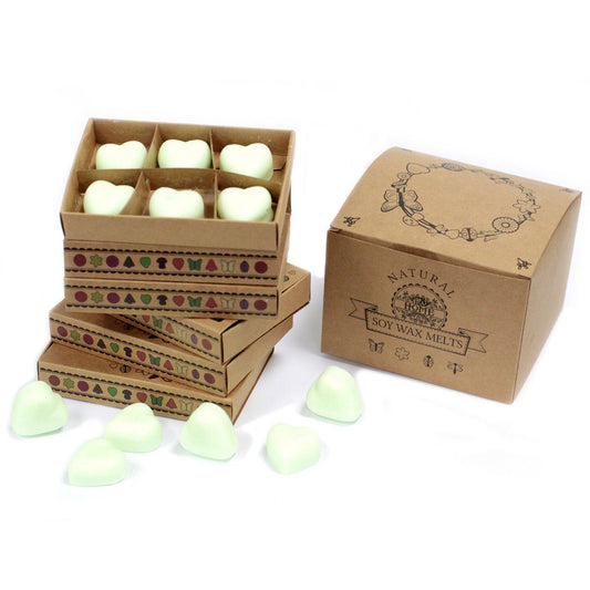 Soy wax melts in a cardboard box with a decorative lid on a white background