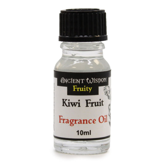 Bottle of kiwi fruit fragrance oil with a black cap on a white background
