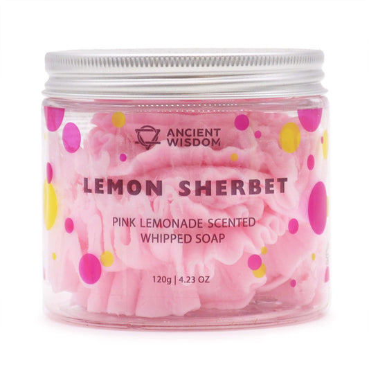Pink lemon sherbet whipped soap in a jar with polka dot pattern on a white background