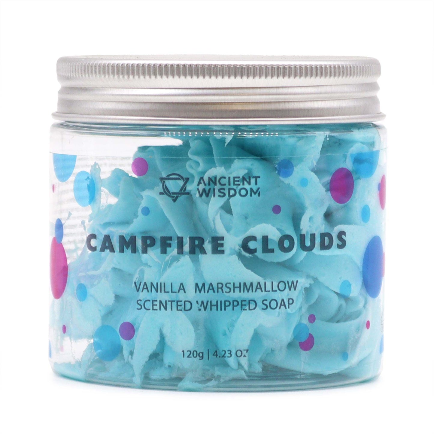 Jar of 'Campfire Clouds' whipped soap with colorful packaging on a white background