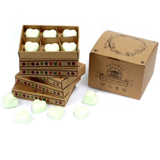 Soy wax melts in a cardboard box with a decorative lid on a white background