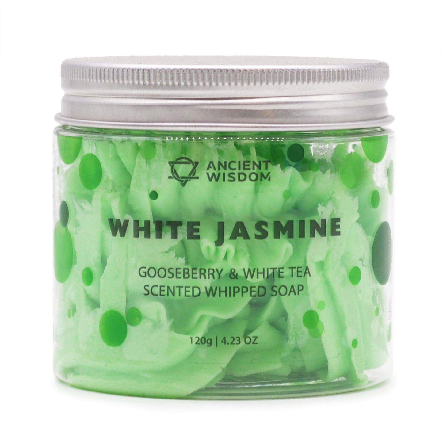 Green jar of 'White Jasmine' scented whipped soap with 'Ancient Wisdom' branding on a white background.