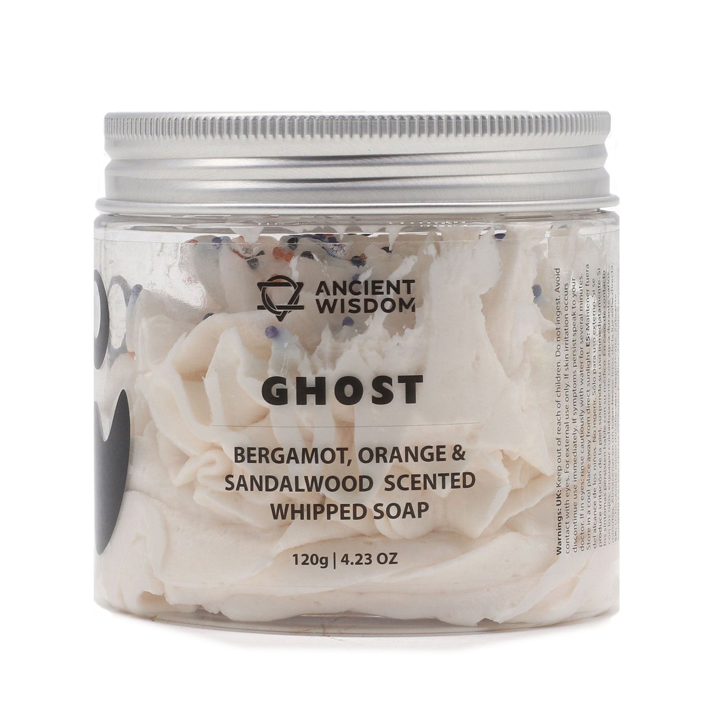 Jar of 'Ghost' whipped soap with 'Ancient Wisdom' branding on a white background